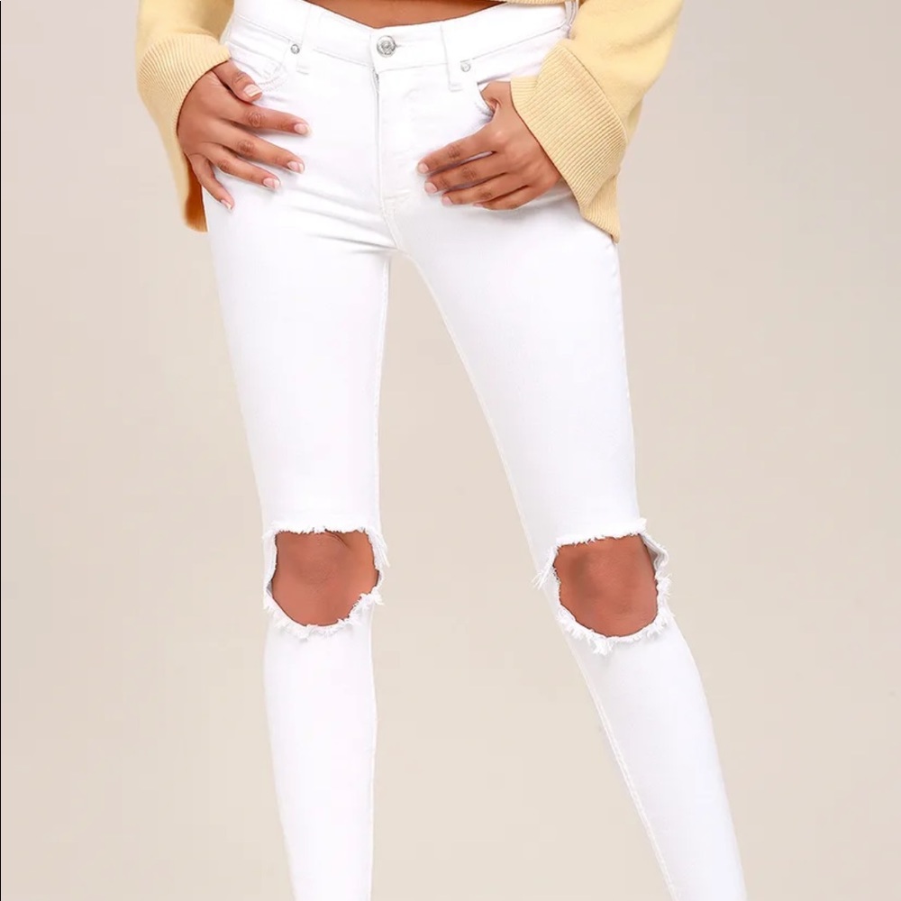 Free People High Rise Busted Knee White Jeans